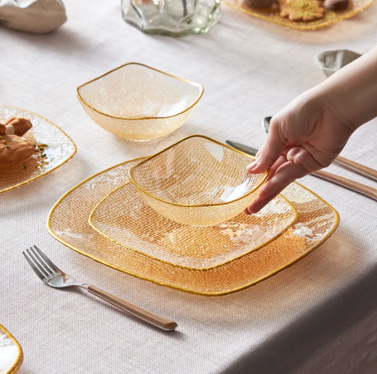 Karaca Goya Cream Glass 18 Pieces 6 Person Dinnerware SET, Gold