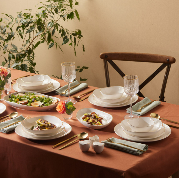 KARACA STREAMLINE MIDDLE 56-PIECE 12-PERSON DINNER SET, GOLD