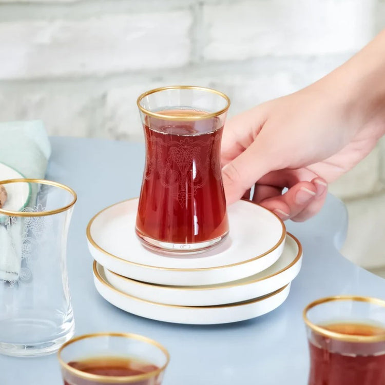 KARACA ATHEN 6 PERSON PATTERNED TEA SET, 12 PIECES, GOLD