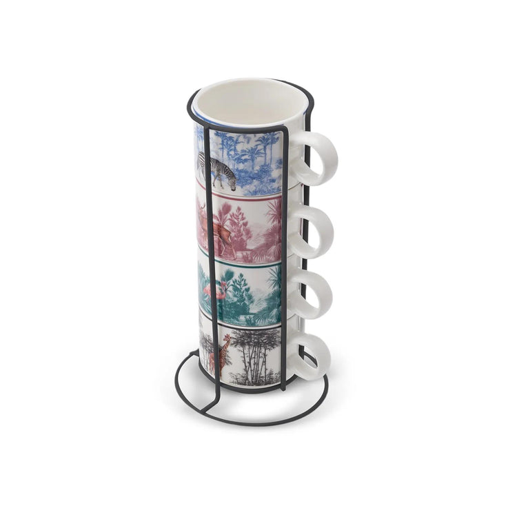 KARACA JUNGLE 4 PIECE MUG/TEA CUP SET WITH STAND