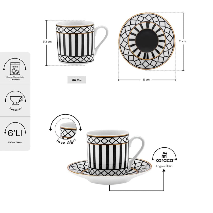 KARACA HELENISTIC 80 mL Coffee Cup Set for 6 People