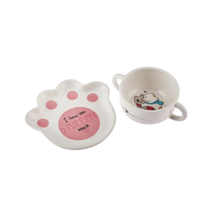 KARACA CAT PLATE-BOWL FEEDING SET, WHITE
