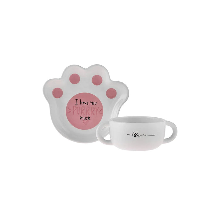 KARACA CAT PLATE-BOWL FEEDING SET, WHITE