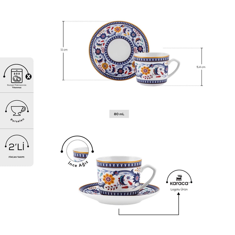 KARACA IHLAMUR 2 PERSON 80 ML COFFEE CUP SET, BLUE