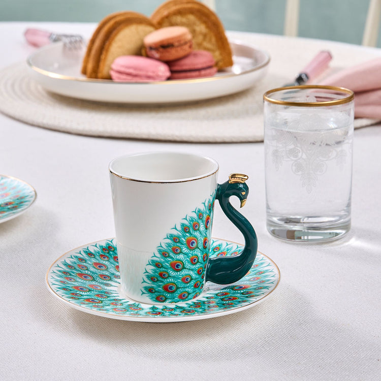 KARACA PEACOCK 2 PERSON COFFEE CUP SET , MULTICOLOR