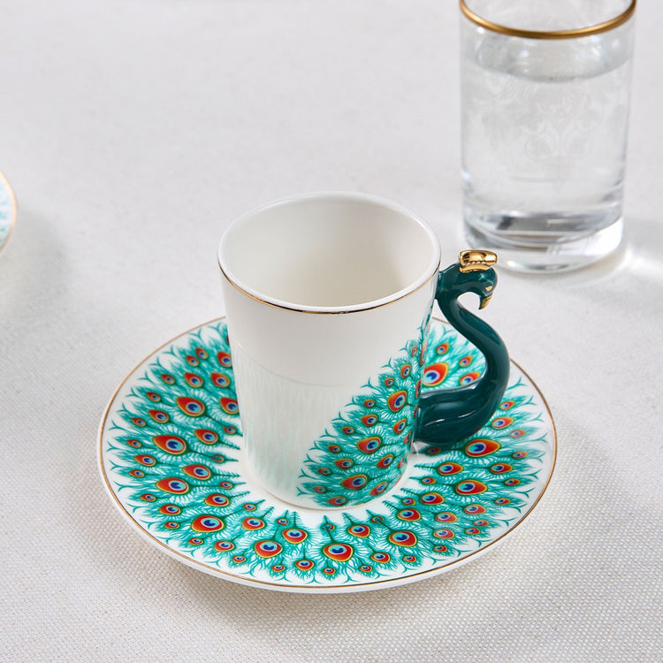 KARACA PEACOCK 2 PERSON COFFEE CUP SET , MULTICOLOR