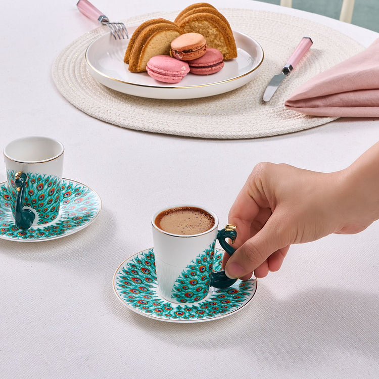KARACA PEACOCK 2 PERSON COFFEE CUP SET , MULTICOLOR