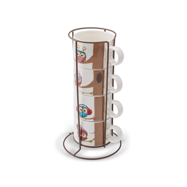 KARACA OWL 4-Piece MUG SET WITH STAND, MULTICOLOR