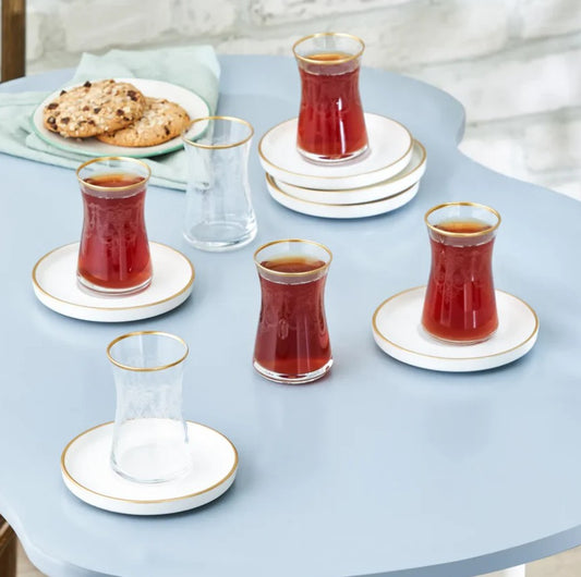 KARACA ATHEN 6 PERSON PATTERNED TEA SET, 12 PIECES, GOLD