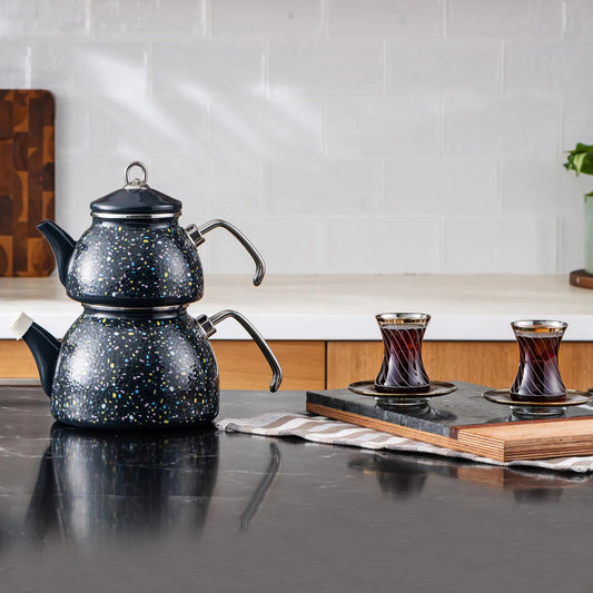 KARACA ENAMEL TERAZZO ANTHRACITE TEAPOT SET